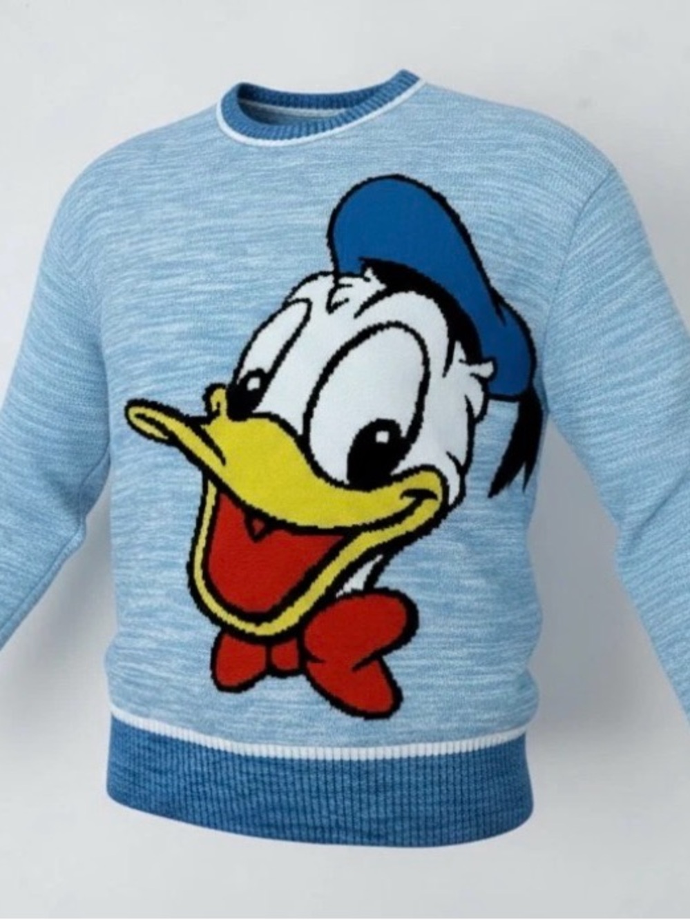 Disney Light Blue Donald Duck Crewneck Sweater with Red and Yellow Accents